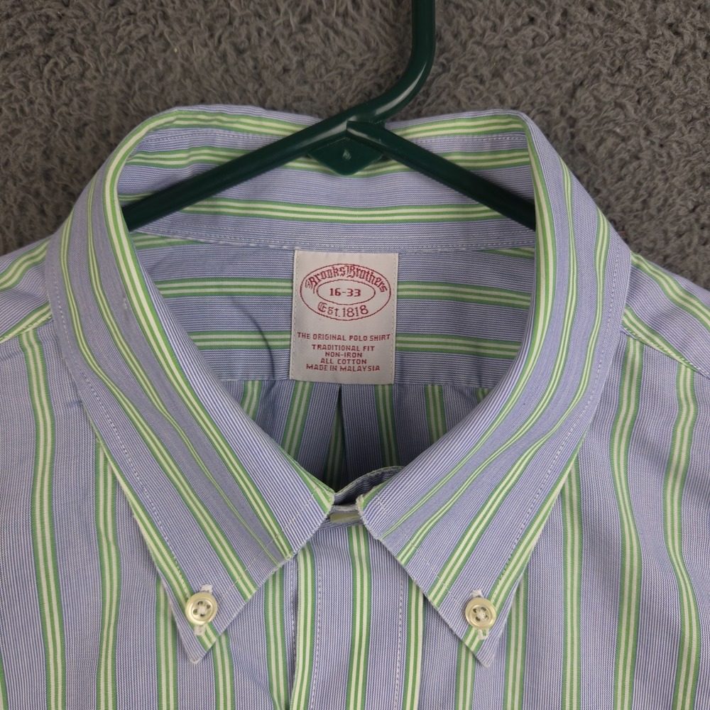 Brooks Brothers Men's Button Up Shirt 16-33 Blue White Green Striped Long Sleeve